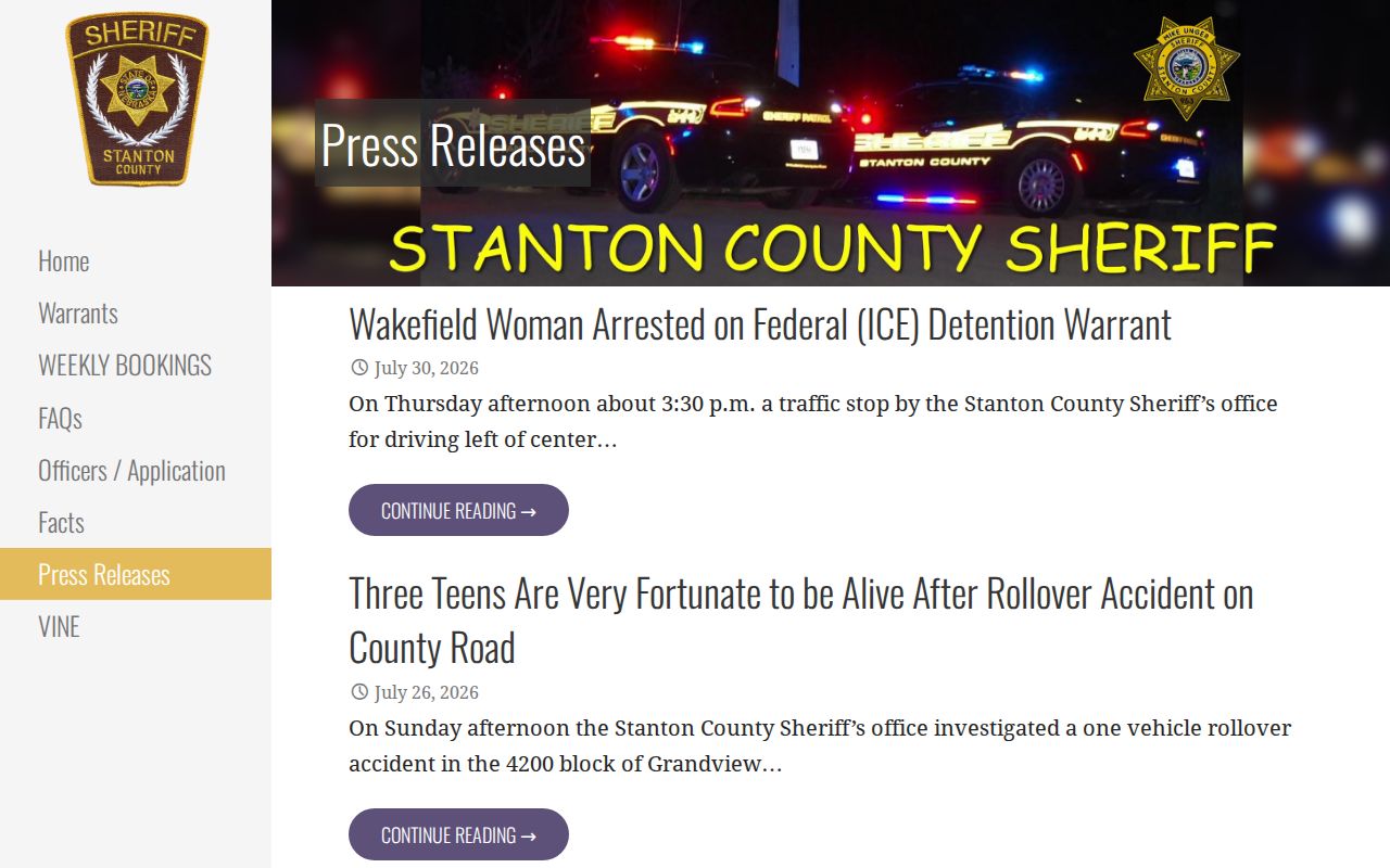 Stanton County arrest lookup official sheriff press archive