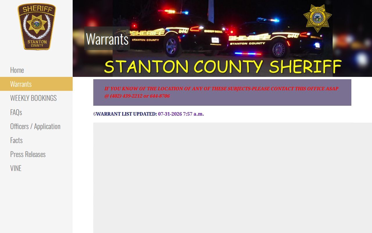 Stanton County arrest lookup official dated warrant page