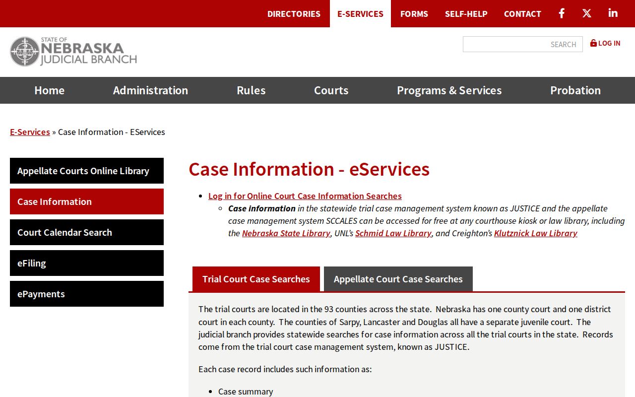 Nebraska JUSTICE trial court case search products and pricing