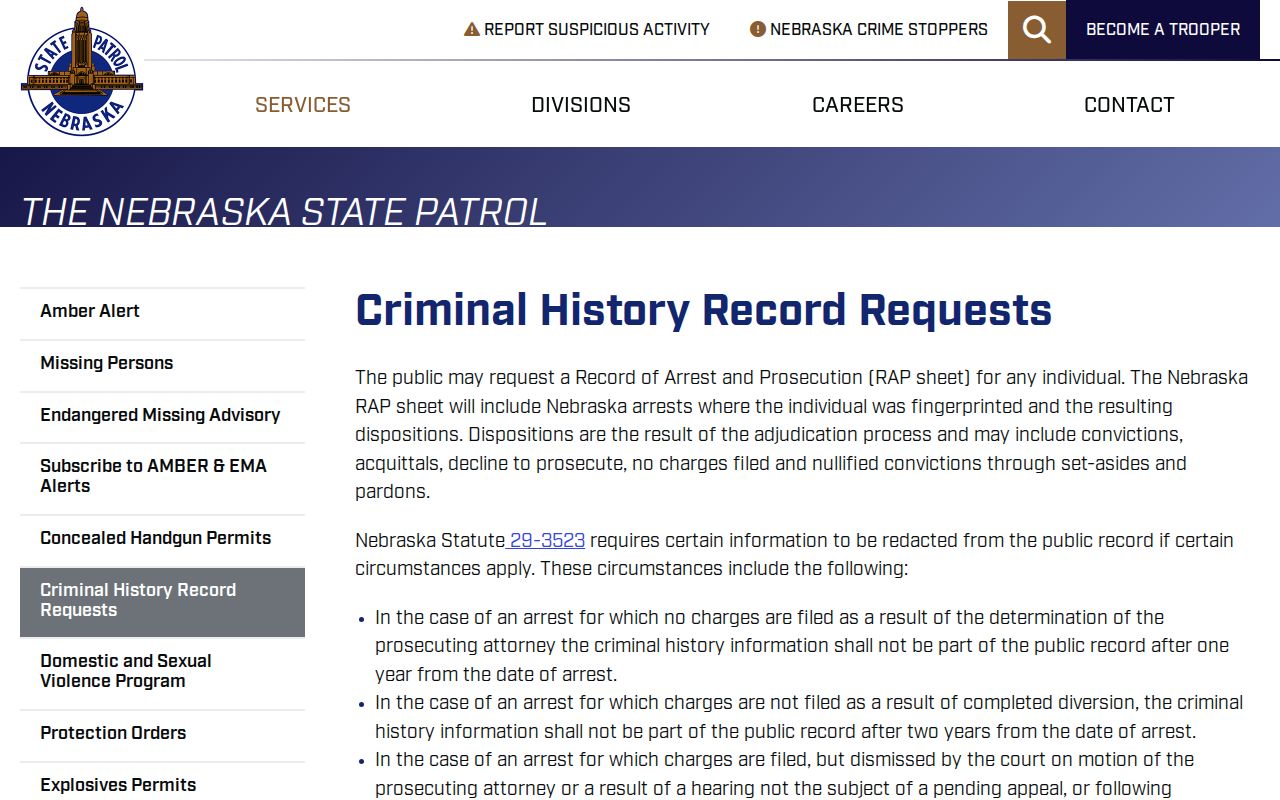Nebraska State Patrol criminal history request channels and record scope