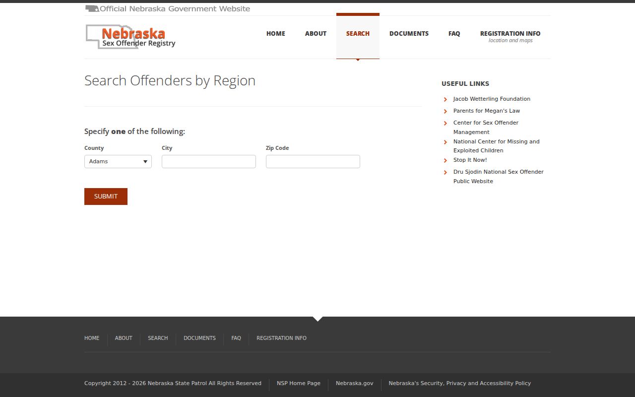 Stanton County sex offender registry region search fields