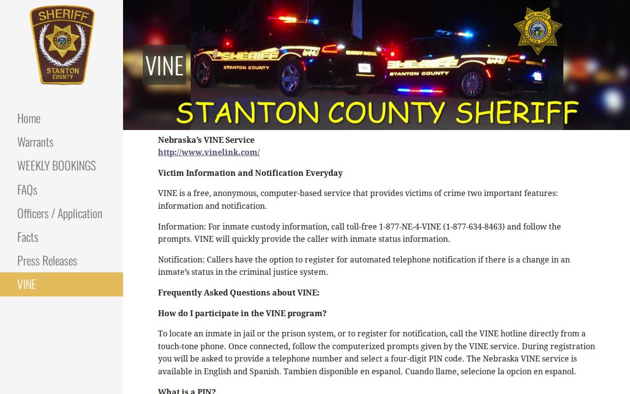 Stanton criminal records VINE custody location instructions